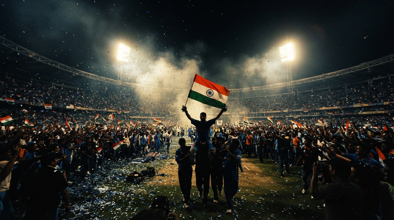 Cinematic documentary wide photograph of iconic cricket stadium confetti celebration night, golden floodlights, silhouette of triumphant batsman carrying the national flag on shoulders amidst sea of roaring fans, emotional historic championship night 2011, dramatic obsidian atmosphere, no copyrighted logos or clear face details
